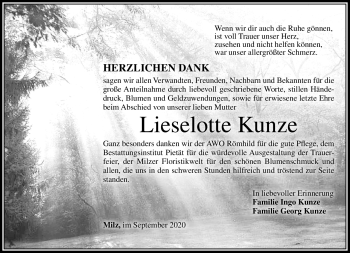 Traueranzeige von Lieselotte Kunze von Südthüringer Presse