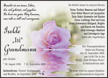 Traueranzeige von Isolde Grundmann von Südthüringer Presse