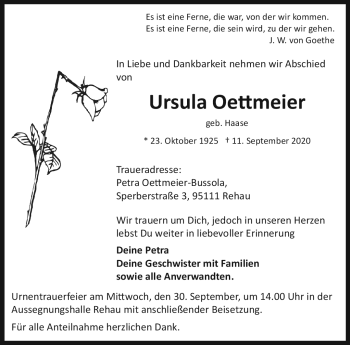 Traueranzeige von Ursula Oettmeier von Frankenpost