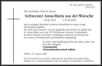 Traueranzeige von Anna-Maria aus der Wiesche von Frankenpost
