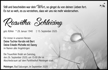 Traueranzeige von Roswitha Schleising von Südthüringer Presse
