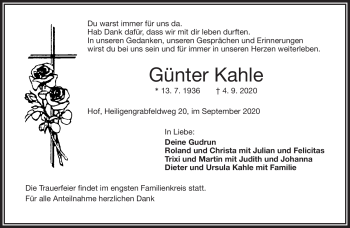 Traueranzeige von Günter Kahle von Frankenpost