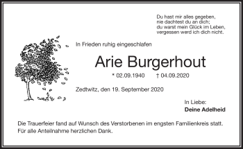 Traueranzeige von Arie Burgerhout von Frankenpost