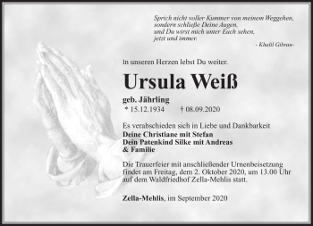 Traueranzeige von Ursula Weiß von Südthüringer Presse