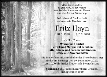 Traueranzeige von Fritz Hayn von Südthüringer Presse