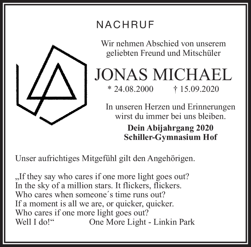  Traueranzeige für Jonas Michael vom 23.09.2020 aus Frankenpost