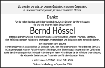 Traueranzeige von Bernd Hössel von Südthüringer Presse