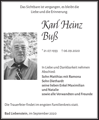 Traueranzeige von Karl Heinz Buß von Südthüringer Presse