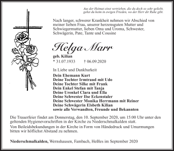 Traueranzeige von Helga Marr von Südthüringer Presse