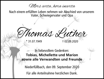 Traueranzeige von Thomas Luther von Neue Presse Coburg