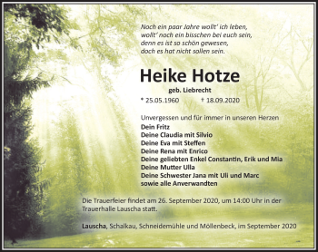 Traueranzeige von Heike Hotze von Südthüringer Presse