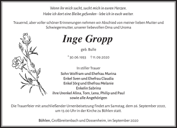 Traueranzeige von Inge Gropp von Südthüringer Presse