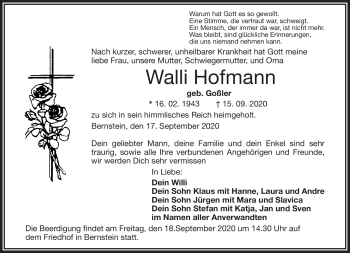 Traueranzeige von Walli Hofmann von Frankenpost
