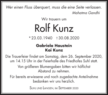 Traueranzeige von Rolf Kunz von Südthüringer Presse