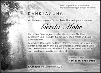 Traueranzeige von Gerda Mohr von Südthüringer Presse