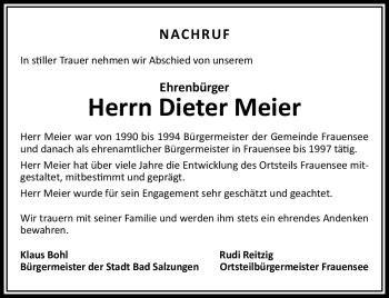 Traueranzeige von Dieter Meier von Südthüringer Presse