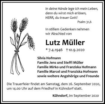 Traueranzeige von Lutz Müller von Südthüringer Presse