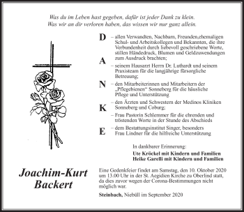 Traueranzeige von Joachim-Kurt Backert von Südthüringer Presse