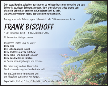 Traueranzeige von Frank Bischoff von Südthüringer Presse