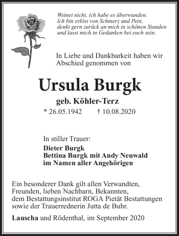 Traueranzeige von Ursula Burgk von Südthüringer Presse