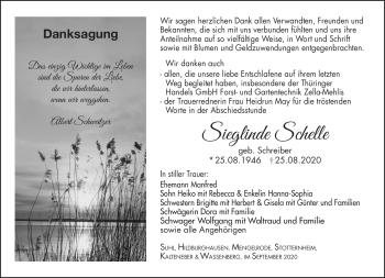 Traueranzeige von Sieglinde Schelle von Südthüringer Presse