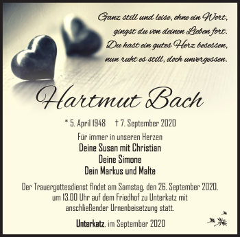 Traueranzeige von Hartmut Bach von Südthüringer Presse