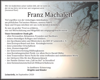 Traueranzeige von Franz Machalett von Südthüringer Presse
