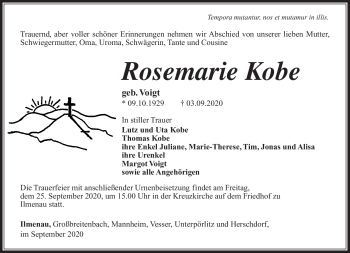 Traueranzeige von Rosemarie Kobe von Südthüringer Presse