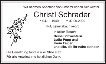 Traueranzeige von Christl Schrader von Frankenpost
