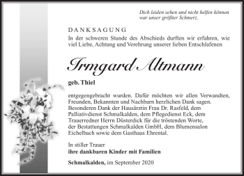 Traueranzeige von Irmgard Altmann von Südthüringer Presse