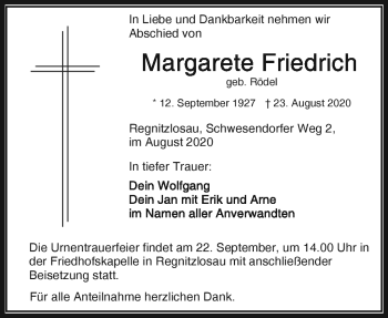 Traueranzeige von Margarete Friedrich von Frankenpost