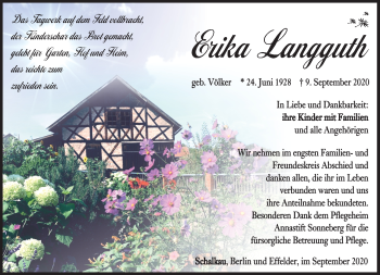 Traueranzeige von Erika Langguth von Südthüringer Presse