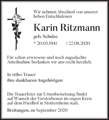Traueranzeige von Karin Ritzmann von Südthüringer Presse