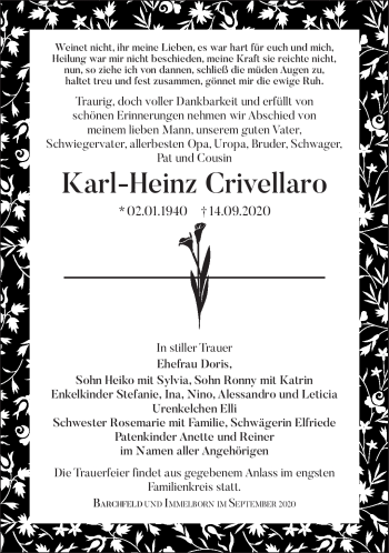 Traueranzeige von Karl-Heinz Crivellaro von Südthüringer Presse