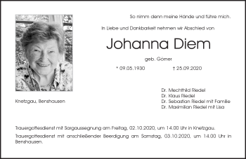 Traueranzeige von Johanna Diem von Südthüringer Presse
