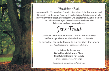 Traueranzeige von Jens Traut von Südthüringer Presse