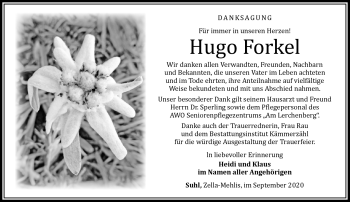 Traueranzeige von Hugo Forkel von Südthüringer Presse