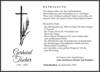 Traueranzeige von Gerhard Tischer von Südthüringer Presse