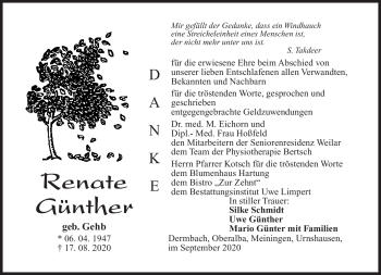 Traueranzeige von Renate Günther von Südthüringer Presse