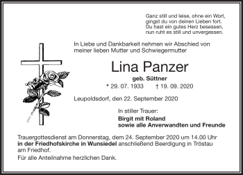 Traueranzeige von Lina Panzer von Frankenpost