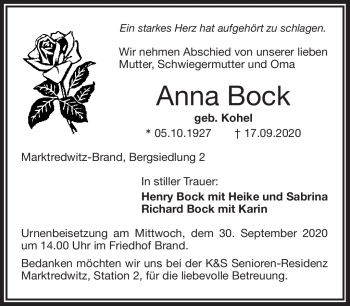 Traueranzeige von Anna Bock von Frankenpost