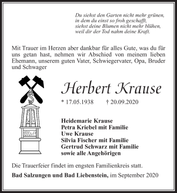 Traueranzeige von Herbert Krause von Südthüringer Presse