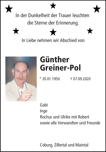 Traueranzeige von Günther Greiner-Pol von Neue Presse Coburg