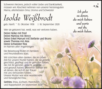 Traueranzeige von Isolde Weißbrodt von Südthüringer Presse