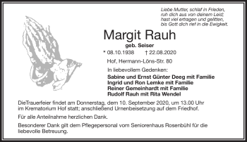 Traueranzeige von Margit Rauh von Frankenpost