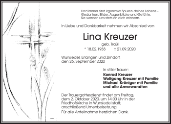 Traueranzeige von Lina Kreuzer von Frankenpost
