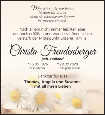 Traueranzeige von christa Freudenberger von Südthüringer Presse