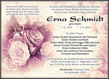 Traueranzeige von Erna Schmidt von Südthüringer Presse