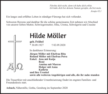Traueranzeige von Hilde Möller von Südthüringer Presse
