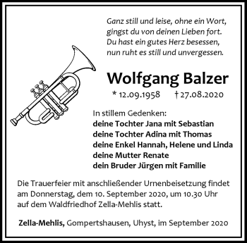 Traueranzeige von Wolfgang Balzer von Südthüringer Presse